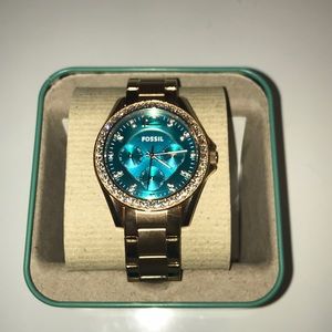 Gold Fossil Watch with Turquoise Watch Face